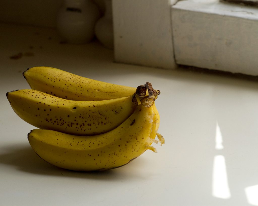 small bunch of bananas with sunlight on counter