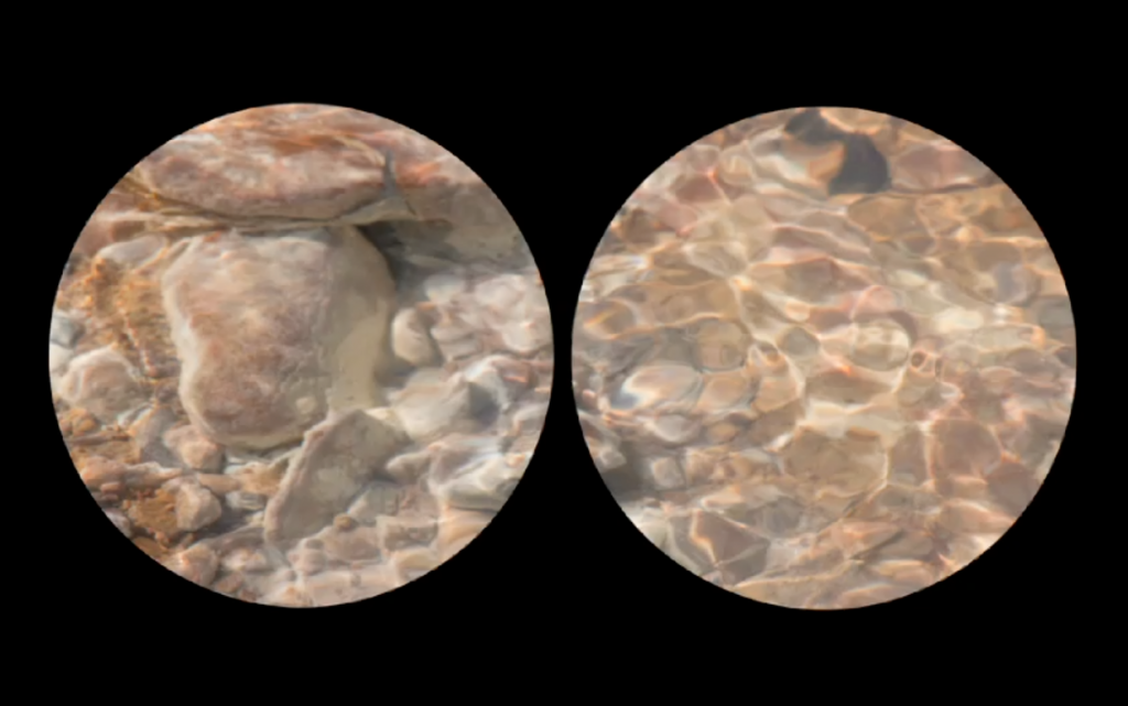 two circle shaped images of water and rocks.